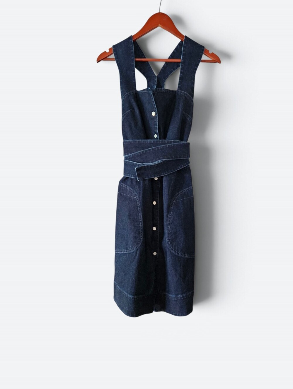 EDUN Indigo Denim Wrap Snap Belt Pinafore Racerback Button Front Apron Dress M